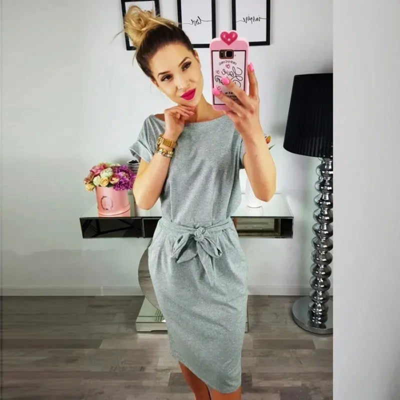 New Summer Casual Short Sleeve O-Neck Striped Oversize Women Dresses Slim Bodycon Dress Female Solid Pockets Midi Cotton Dress New Summer Casual Short Sleeve O-Neck Striped Oversize Women Dresses Slim Bodycon Dress Female Solid Pockets Midi Cotton Dress